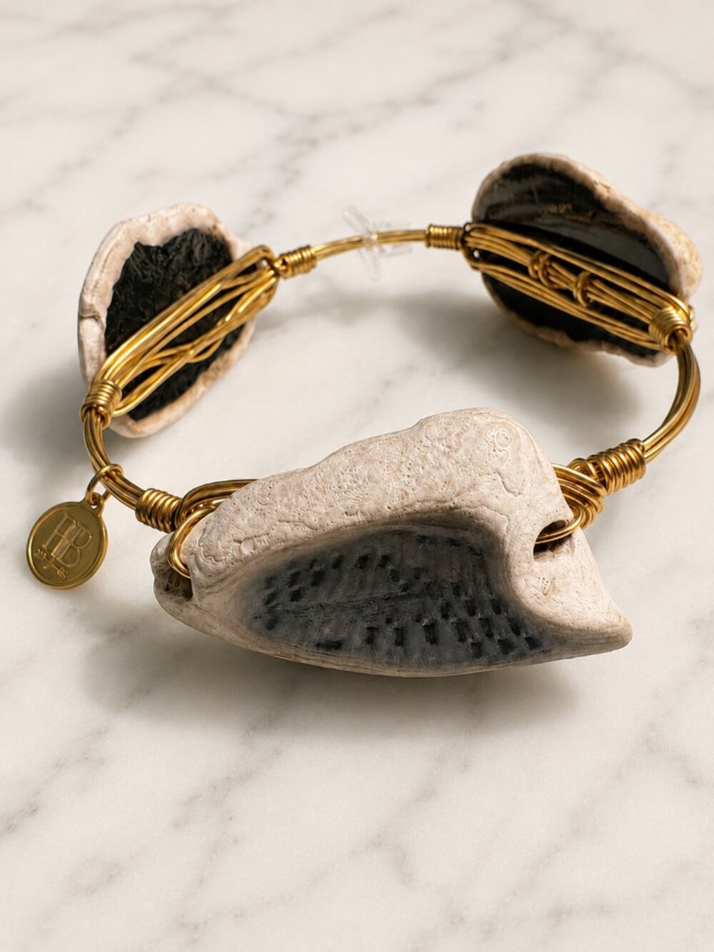 Bourbon & Boweties Fossil Stone Wire Wrap Bangle Bracelet